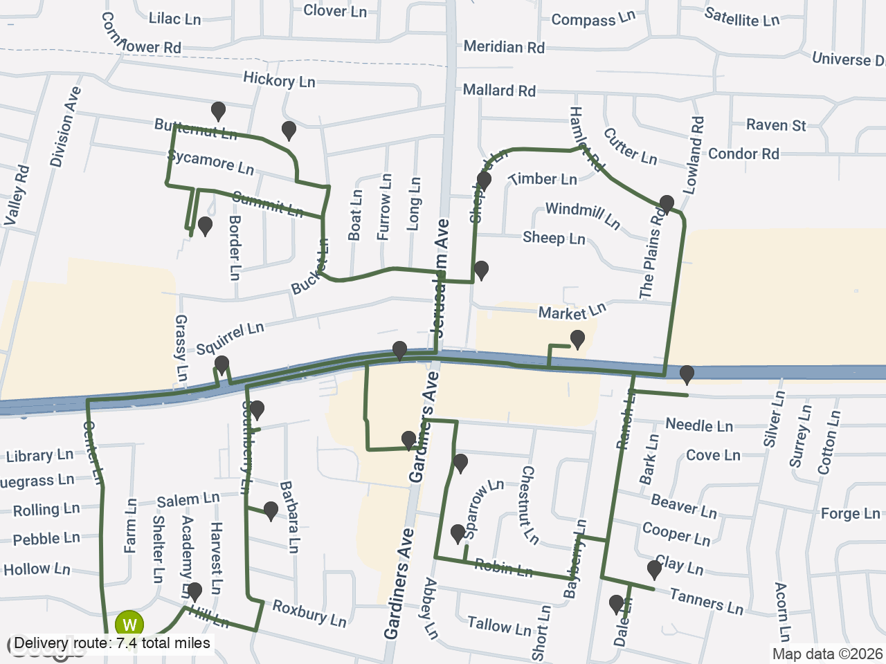 A single delivery route from a warehouse visiting every house